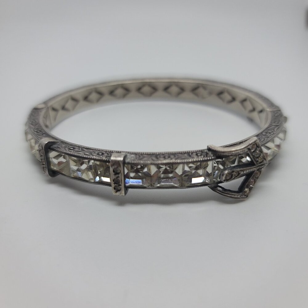 Antique Art Deco Paste & Sterling Hinged Buckle Bangle